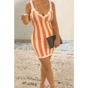 House of Harlow 1960 Orange and Cream Striped Mini Dress contouring